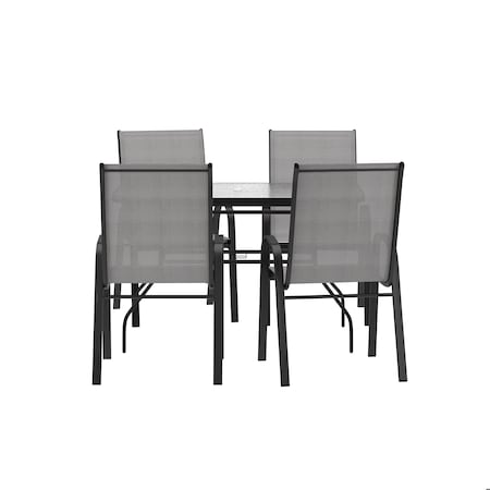 Flash Furniture Brazos 5 Piece Patio Dining Set w/Tempered Glass Patio Table w/4 Chairs w/Gray Seats and Backs FV-120B-303CG-GG